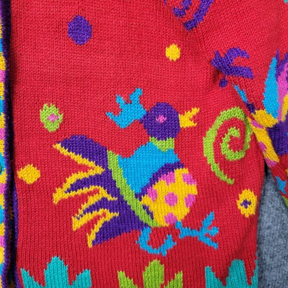 CHRISTINE FOLEY Vintage Red Artsy Folk Bird Knitted Art To Wear Cardigan SIZE 2 - Picture 5 of 13